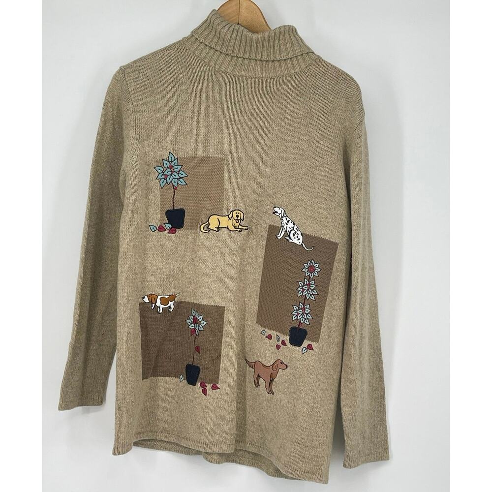 Vintage Dog Mom Embroidered Novelty Sweater Tan Wool‎ Blend Turtleneck Women L